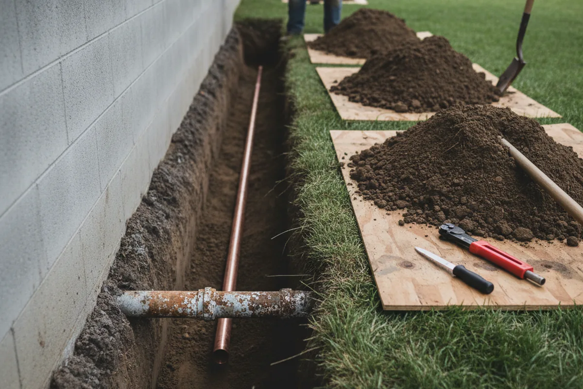 Excavated water line trench during Water Heater Repair in Lake Waccamaw